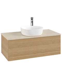 Villeroy und Boch Antao Waschtisch-Unterschrank L31153HN mit Beleuchtung mit Struktur, 100x36x50cm, Hahnloch, Waschbeckenplattenfarbe botticino, honey oak