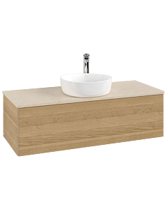 Villeroy und Boch Antao Waschtisch-Unterschrank L32053HN mit Beleuchtung, 120x36x50cm, Hahnloch, Waschbeckenplattenfarbe botticino, honey oak