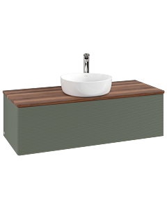 Villeroy &amp; Boch Antao vanity unit L32152HL with lighting, 1 drawer, 1200 x 360 x 500 mm, textured front, Leaf Green Matt Lacquer / Warm Walnut