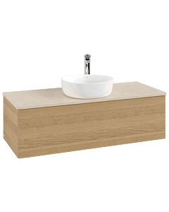 Villeroy und Boch Antao Waschtisch-Unterschrank L32153HN mit Beleuchtung mit Struktur, 120x36x50cm, Hahnloch, Waschbeckenplattenfarbe botticino, honey oak