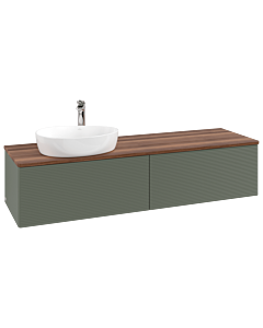 Meuble vasque Villeroy &amp; Boch Antao L37152HL avec éclairage et finition texturée, 160 x 36 x 50 cm, perçage robinetterie, plan vasque couleur noyer chaud, laque mate vert feuille