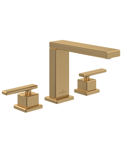 Villeroy und Boch Mettlach Dreiloch-Waschtischarmatur TVW12600200076 ohne Ablaufgarnitur, verstellbarer Strahlregler, Standmontage, brushed gold