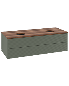 Villeroy und Boch Antao Waschtisch-Unterschrank L24152HL mit Beleuchtung mit Struktur, 120x36x50cm, Hahnloch, Waschbeckenplattenfarbe warm walnut, leaf green matt lacquer