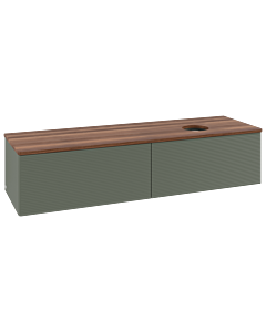 Meuble vasque Villeroy &amp; Boch Antao L38112HL avec éclairage, finition texturée, 160 x 36 x 50 cm, plan vasque couleur noyer chaud, laque mate vert feuille