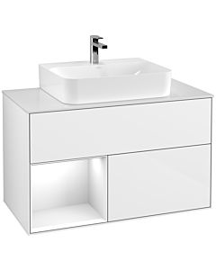 Villeroy und Boch Finion Villeroy und Boch F111GFGF 100cm, plaque de finition noir mat, étagère gauche laqué blanc brillant, laqué blanc brillant