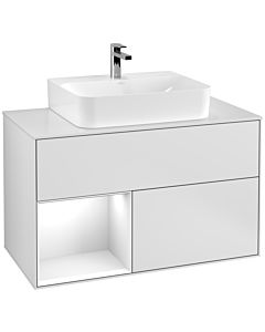 Villeroy und Boch Finion Waschtischunterschrank F111GFMT 100cm, Abdeckplatte black matt, Regal links Glossy white lacquer, White matt lacquer