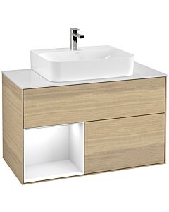 Villeroy und Boch Finion Waschtischunterschrank F111GFPC 100cm, Abdeckplatte black matt, Regal links Glossy white lacquer, Oak Veneer