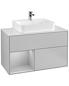 Villeroy und Boch Finion Waschtischunterschrank F111GJGJ 100cm, Abdeckplatte black matt, Regal links Light grey matt, Light grey matt