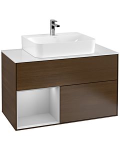 Villeroy und Boch Finion Waschtischunterschrank F111GJGN 100cm, Abdeckplatte black matt, Regal links Light grey matt, Walnut veneer