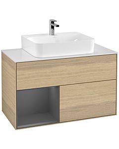 Villeroy und Boch Finion Waschtischunterschrank F111GKPC 100cm, Abdeckplatte black matt, Regal links Anthracite matt, Oak Veneer