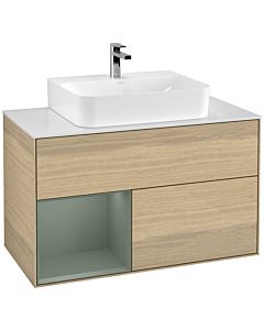 Villeroy und Boch Finion Waschtischunterschrank F111GMPC 100cm, Abdeckplatte black matt, Regal links Olive Matt Lacquer, Oak Veneer