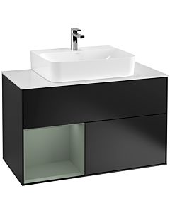 Villeroy und Boch Finion Waschtischunterschrank F111GMPD 100cm, Abdeckplatte black matt, Regal links Olive Matt Lacquer, Black matt lacquer