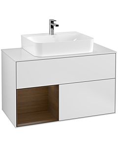 Villeroy und Boch Finion Waschtischunterschrank F111GNMT 100cm, Abdeckplatte black matt, Regal links Walnut veneer, White matt lacquer