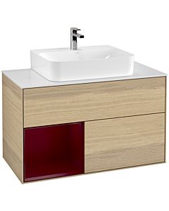 Villeroy und Boch Finion Waschtischunterschrank F111HBPC 100cm, Abdeckplatte black matt, Regal links Peony, Oak Veneer