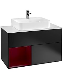 Villeroy und Boch Finion Waschtischunterschrank F111HBPD 100cm, Abdeckplatte black matt, Regal links Peony, Black matt lacquer