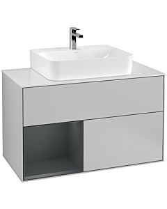 Villeroy und Boch Finion Waschtischunterschrank F111HGGJ 100cm, Abdeckplatte black matt, Regal links Midnight Blue Matt Lacquer, Light grey matt
