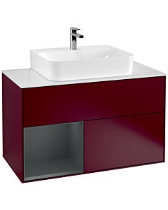 Villeroy und Boch Finion Waschtischunterschrank F111HGHB 100cm, Abdeckplatte black matt, Regal links Midnight Blue Matt Lacquer, Peony Matt