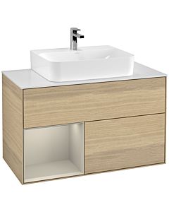 Villeroy und Boch Finion Waschtischunterschrank F111HHPC 100cm, Abdeckplatte black matt, Regal links Sand Matt Lacquer, Oak Veneer