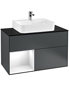 Villeroy und Boch Finion Waschtischunterschrank F112GFHG 100cm, Abdeckplatte white matt, Regal links Glossy white lacquer, Midnight Blue Matt Lacquer