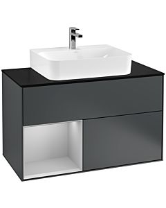 Villeroy und Boch Finion Waschtischunterschrank F112GJHG 100cm, Abdeckplatte white matt, Regal links Light grey matt, Midnight Blue Matt Lacquer