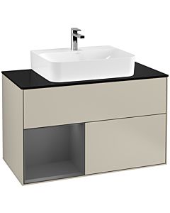 Villeroy und Boch Finion Waschtischunterschrank F112GKHH 100cm, Abdeckplatte white matt, Regal links Anthracite matt, Sand Matt Lacquer