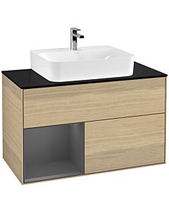 Villeroy und Boch Finion Waschtischunterschrank F112GKPC 100cm, Abdeckplatte white matt, Regal links Anthracite matt, Oak Veneer