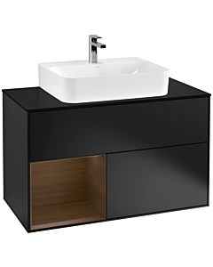 Villeroy und Boch Finion Waschtischunterschrank F112GNPD 100cm, Abdeckplatte white matt, Regal links Walnut veneer, Black matt lacquer