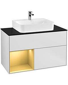 Villeroy und Boch Finion Waschtischunterschrank F112HFMT 100cm, Abdeckplatte white matt, Regal links Gold matt, White matt lacquer