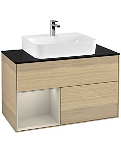 Villeroy und Boch Finion Waschtischunterschrank F112HHPC 100cm, Abdeckplatte white matt, Regal links Sand Matt Lacquer, Oak Veneer