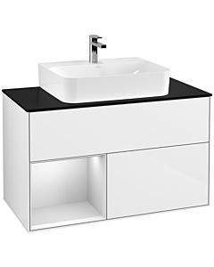 Villeroy und Boch Finion Villeroy und Boch F112MTGF 100cm, plaque de recouvrement blanc mat, étagère gauche laqué blanc mat, laqué blanc brillant