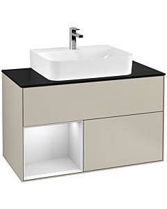 Villeroy und Boch Finion Villeroy und Boch F112MTHH 100cm, plaque de recouvrement blanc mat, étagère gauche laqué blanc mat, Sand Matt Lacquer