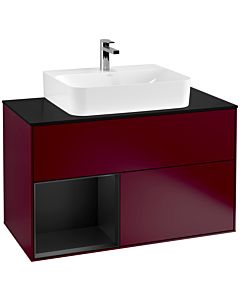 Villeroy und Boch Finion Waschtischunterschrank F112PDHB 100cm, Abdeckplatte Glas Black matt, Regal links Black matt lacquer, Peony Matt