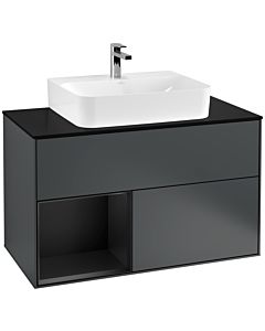 Villeroy und Boch Finion Villeroy und Boch F112PDHG 100cm, plaque de finition blanc mat, étagère gauche laqué noir mat, Midnight Blue Matt Lacquer