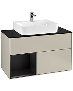 Villeroy und Boch Finion Villeroy und Boch F112PDHH 100cm, plaque de finition blanc mat, étagère gauche laqué noir mat, Sand Matt Lacquer