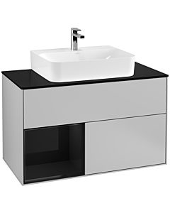 Villeroy und Boch Finion Waschtischunterschrank F112PHGJ 100cm, Abdeckplatte white matt, Regal links Glossy Black Lacquer, Light grey matt