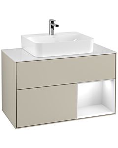 Villeroy und Boch Finion Villeroy und Boch F121GFHH 100cm, plaque de recouvrement blanc mat, étagère à droite Laque blanc brillant, Sand Matt Lacquer