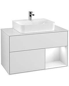 Villeroy und Boch Finion Villeroy und Boch F121GFMT 100cm, plaque de recouvrement blanc matt, étagère à droite laqué blanc brillant, laqué blanc mat