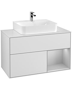 Villeroy und Boch Finion Villeroy und Boch F121GJMT 100cm, plaque de recouvrement blanc mat, étagère à droite gris clair mat, blanc laqué mat