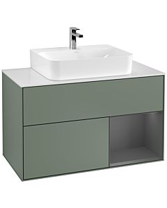 Villeroy und Boch Finion Waschtischunterschrank F121GKGM 100cm, Abdeckplatte weiß matt, Regal rechts Anthracite matt, Olive Matt Lacquer