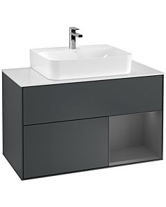 Villeroy und Boch Finion Waschtischunterschrank F121GKHG 100cm, Abdeckplatte weiß matt, Regal rechts Anthracite matt, Midnight Blue Matt Lacquer