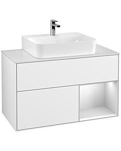 Villeroy und Boch Finion Villeroy und Boch F121MTGF 100cm, plaque de recouvrement blanc mat, étagère à droite laqué blanc mat, laqué blanc brillant