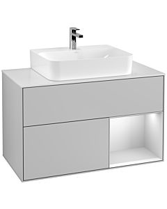 Villeroy und Boch Finion Villeroy und Boch F121MTGJ 100cm, plaque de recouvrement blanc mat, étagère à droite laqué blanc mat, gris clair mat