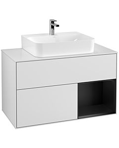 Villeroy und Boch Finion Villeroy und Boch F121PDMT 100cm, plaque de recouvrement blanc matt, étagère à droite laqué noir mat, blanc laqué mat