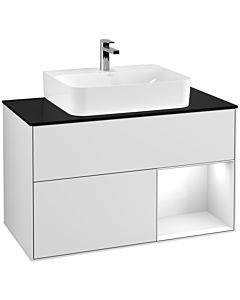 Villeroy und Boch Finion Villeroy und Boch F122GFMT 100cm, plaque de finition noir mat, étagère à droite laqué blanc brillant, laqué blanc mat