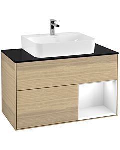 Villeroy und Boch Finion Waschtischunterschrank F122GFPC 100cm, Abdeckplatte black matt, Regal rechts Glossy white lacquer, Oak Veneer