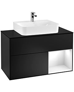 Villeroy und Boch Finion Villeroy und Boch F122GFPD 100cm, plaque de finition noir mat, étagère à droite laqué blanc brillant, laqué noir mat