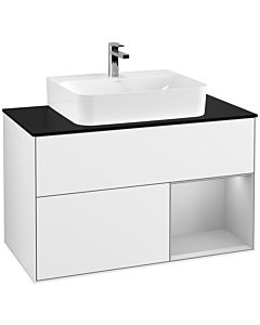 Villeroy und Boch Finion Villeroy und Boch F122GJGF 100cm, plaque de finition noir mat, étagère à droite gris clair mat, laqué blanc brillant