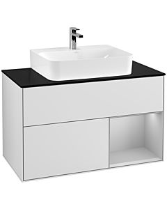 Villeroy und Boch Finion Waschtischunterschrank F122GJMT 100cm, Abdeckplatte black matt, Regal rechts Light grey matt, White matt lacquer
