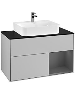 Villeroy und Boch Finion Waschtischunterschrank F122GKGJ 100cm, Abdeckplatte black matt, Regal rechts Anthracite matt, Light grey matt
