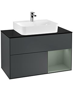 Villeroy und Boch Finion Waschtischunterschrank F122GMHG 100cm, Abdeckplatte black matt, Regal rechts Olive Matt Lacquer, Midnight Blue Matt Lacquer